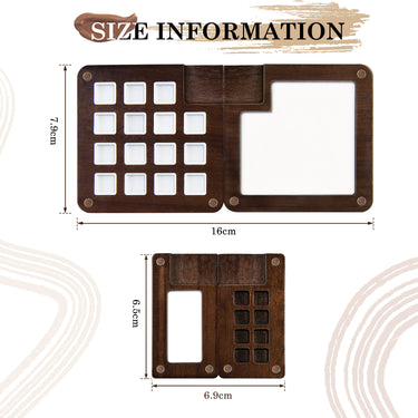 Fuumuui Mini Walnut Watercolor Paint Box size information, detailing the portable wooden palette open (7.9cm x 16cm) with multiple paint pans and mixing area, and its compact closed dimensions (6.5cm x 6.9cm).