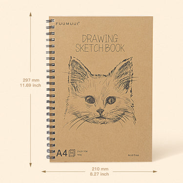 Fuumuui A4 Spiral Sketchbook, 180° lay-flat with acid-free 160g paper, perfect for graphite, charcoal, colored, and watercolor pencils, featuring a brown cover with a cat drawing.