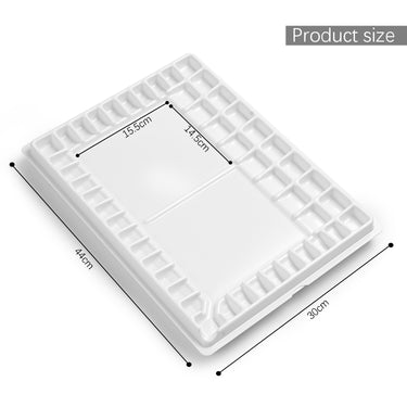 Fuumuui Professional 47-Well Watercolor Palette, white non-stick plastic art supply showing product dimensions: 44cm long, 30cm wide, with 15.5cm x 14.5cm mixing areas.