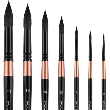 Fuumuui 7-teiliges Professionelles Aquarellpinsel-Set aus Zobelhaar mit schwarzen Griffen und Kupferzwingen, Größen 20, 18, 14, 10, 6, 2, 0.
