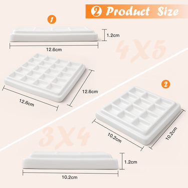 Fuumuui Ceramic Watercolor Palette size guide displaying dimensions for the 12-well (10.2cm x 10.2cm) and 20-well (12.6cm x 12.6cm) porcelain paint mixing trays, each 1.2cm high, designed for artists, travel, and studio use.