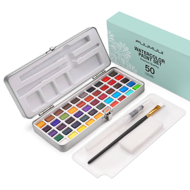 Fuumuui 50-color portable watercolor set in a metal tin, including water brush, paint brush, and sponge, for versatile painting anytime, anywhere.
