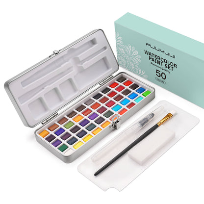 Fuumuui 50-color portable watercolor set with brushes and sponges, versatile, paint anytime, anywhere