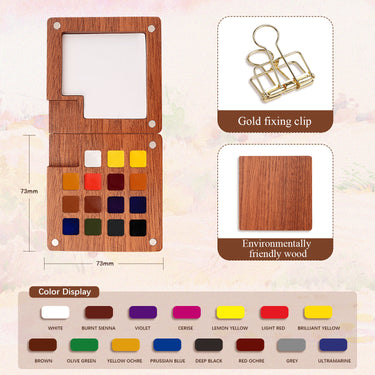 Fuumuui Premium Wood Watercolor Set open, displaying 15 handpicked, vibrant colors, a built-in mixing palette, crafted from environmentally friendly wood, with an included gold fixing clip.