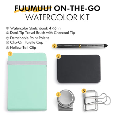 Fuumuui On-The-Go Watercolor Travel Kit - Dual-Tip Travel Brush, Palette, Sketchbook, Palette Cup and Clip
