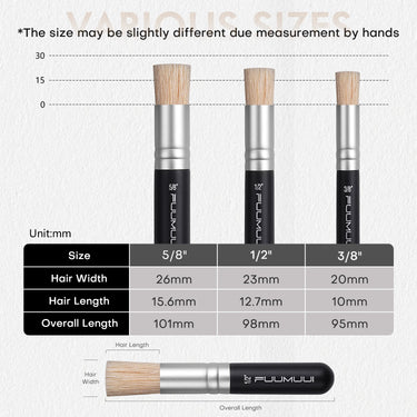 Fuumuui Natural Bristle Oil Paint Brush and Acrylic Paint Brush dimensions for sizes 5/8", 1/2", and 3/8". Specification chart showing hair width and length for professional artists and beginners.
