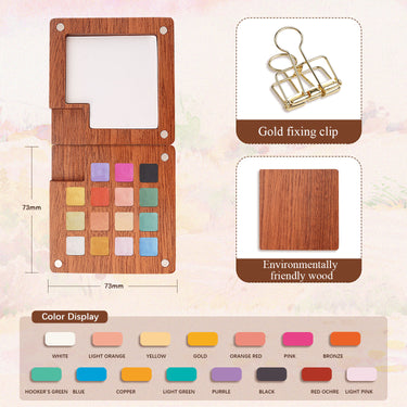 Fuumuui Pearlescent Watercolors set, open to show 15 iridescent colors in a compact 73x73mm magnetic wooden palette, with shades like gold, pink, and blue. This Fuumuui Art Supplies palette emphasizes environmentally friendly wood and includes a gold fixing clip.
