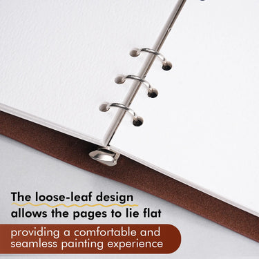 Loose-leaf watercolor sketchbook with cold press 100% cotton paper and silver metal rings. The lie-flat design provides a seamless painting experience for professional artists and beginners.
