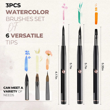 Dimensions and 6 interchangeable brush tip options for the Fuumuui 3pc travel watercolor set.