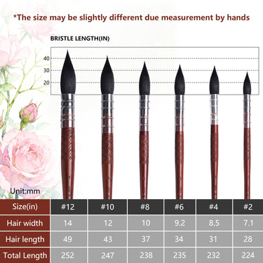 Tabella delle dimensioni del set di pennelli a punta tonda in pelo di scoiattolo naturale FUUMUUI da 6 pezzi per forniture artistiche, che dettaglia la larghezza del pelo, la lunghezza del pelo e la lunghezza totale per le dimensioni dei pennelli #12, #10, #8, #6, #4, #2.