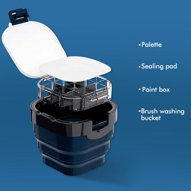 Fuumuui multifunctional foldable brush washing bucket with open white palette lid, clear sealing pad, and paint box components in dark blue.