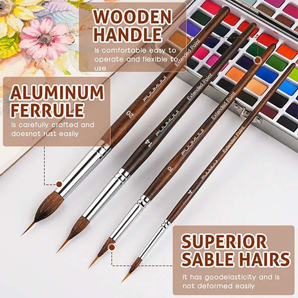 Fuumuui 4pcs/6pcs Professional Sable Watercolor Brushes