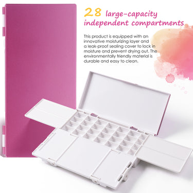 Boîte de palette de peinture hermétique Fuumuui, une palette blanche vide de 28 godets pour les peintures à l'aquarelle, à la gouache et à l'acrylique, montrée ouverte avec des plateaux de mélange pliables et un couvercle rose.