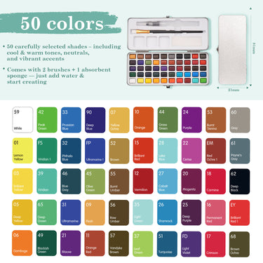 Set di acquerelli portatile a 50 colori Fuumuui con pennelli, penna a pennello ad acqua e spugna, caratterizzato da una gamma versatile di tonalit¨¤ artistiche fredde, calde, neutre e vivaci per dipingere ovunque.