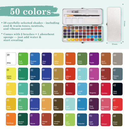 Fuumuui 50-color portable watercolor set with brushes and sponges, versatile, paint anytime, anywhere