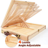 Fuumuui kit cavalletto in legno professionale che mostra il suo design regolabile a 4 livelli di angolazione per la pittura acrilica.