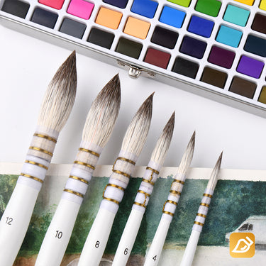 Fuumuui 6pcs professional watercolor brushes with natural hair bristles and white handles, displayed alongside a colorful pan watercolor paint set.