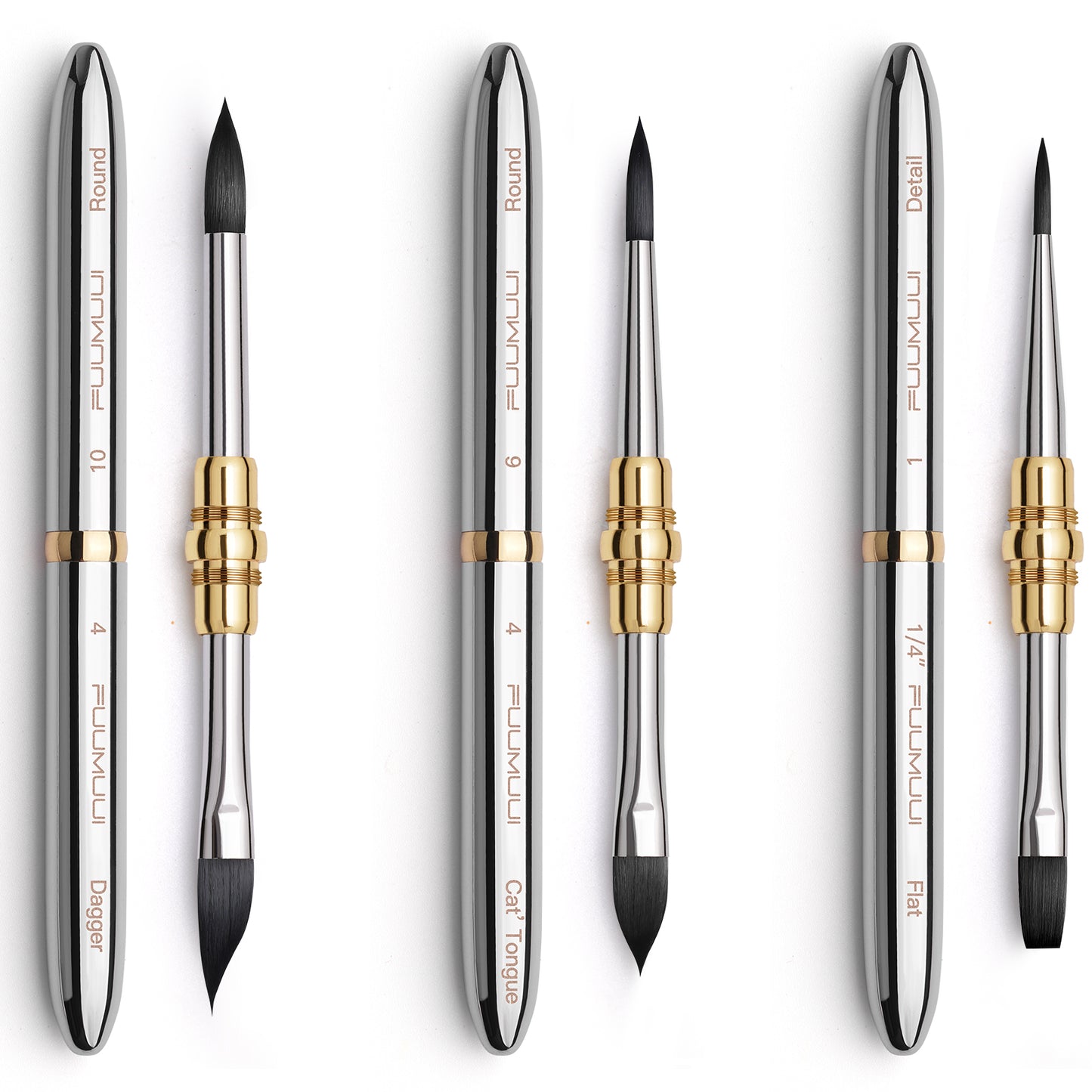 3pcs Small  Dual-Tip Silver Travel Watercolor Brushes — 6 Tip Styles,Premium Synthetic Squirrel Hair