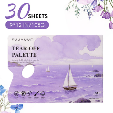 Fuumuui Art Supplies disposable paint palette paper pad, 9x12 inches, with 30 tear-off, double-sided sheets for acrylic, oil, watercolor, and pastel paint, emphasizing acid-free, low-bleed, and gentle-on-brushes properties, and a purple ocean design.