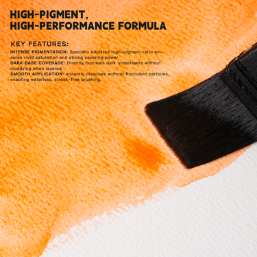 Fuumuui opaque semi-solid watercolor paint in vivid orange applied by a brush, showcasing its high-pigment, intense saturation, and smooth application for art supplies.
