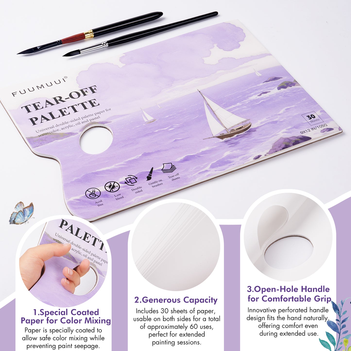 Fuumuui Disposable Paint Palette Paper Paint Pad, 9"x12", 30 Sheets, Acrylic & Oil Paint Paper