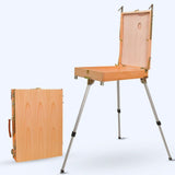 Fuumuui Sketche Box Easel with Aluminum Tripod, Drawer, and Palette, shown both open for use and compactly folded for portability.