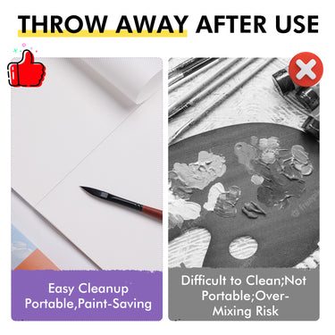 Fuumuui Einweg-Farbpaletten-Papierblock (22,9 x 30,5 cm, 30 Blatt) für Acryl- und Ölfarbe von Fuumuui Art Supplies, der die einfache Reinigung und Tragbarkeit im Vergleich zu einer unordentlichen traditionellen Palette demonstriert und seinen Wegwerfkomfort hervorhebt.