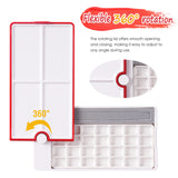 Fournitures d'art Fuumuui palette d'aquarelle de voyage compacte à 28 godets démontrant son couvercle rotatif à 360 degrés rouge, révélant les plateaux de mélange et la fente pour pinceau.