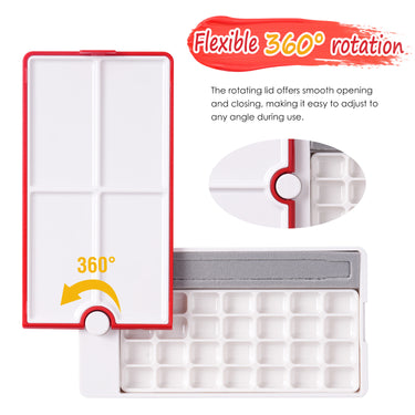 Fournitures d'art Fuumuui palette d'aquarelle de voyage compacte à 28 godets démontrant son couvercle rotatif à 360 degrés rouge, révélant les plateaux de mélange et la fente pour pinceau.