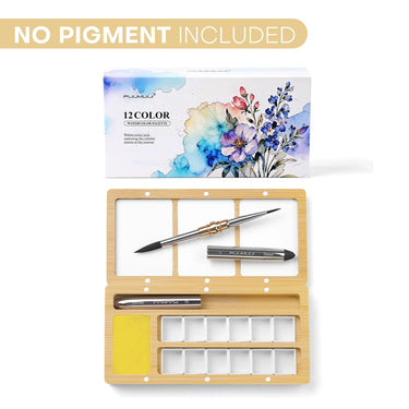 Fuumuui 12 Half Pan Burlywood Watercolor Palette Box – Empty Travel Set with Mixing Lid & Dual-Tip Brush