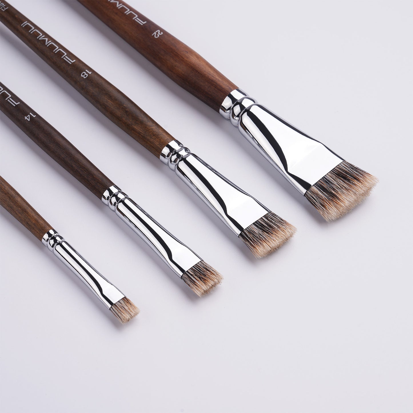 FUUMUUI 4pcs Badger Hair Flat Brush Set | Brown Wooden Handle for Acrylic & Oil Painting