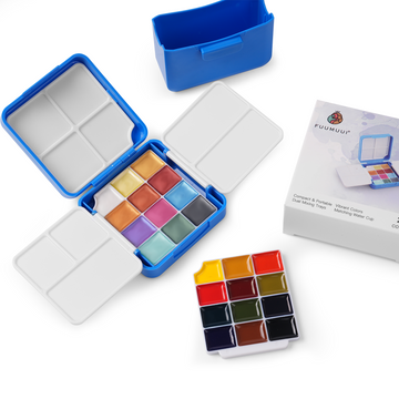 Fuumuui Portable 24-Color Double-Layer Watercolor Set, featuring vibrant metallic and standard watercolor paints, multiple mixing palettes, and a blue water bucket.
