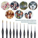 Fuumuui 10pcs Professional Nylon Detail Brushes, perfect for watercolor, acrylic, oil, face, body, nail art, rock painting, models, miniatures, and DIY crafts, with examples of intricate fine line artwork.