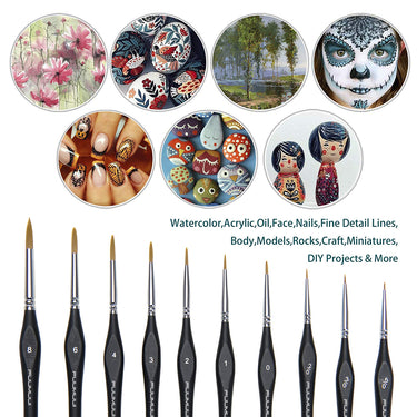 Fuumuui 10pcs Professional Nylon Detail Brushes, perfect for watercolor, acrylic, oil, face, body, nail art, rock painting, models, miniatures, and DIY crafts, with examples of intricate fine line artwork.