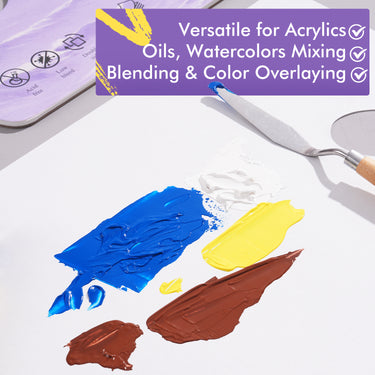 Fuumuui Art Supplies Einweg-Farbpaletten-Papierblock, 22,9 x 30,5 cm, mit lebendigen Acryl- und Ölfarben, die auf seiner Oberfläche gemischt und vermischt werden, was seine Vielseitigkeit, Säurefreiheit und geringe Ausblutung hervorhebt.