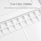 Palette d'aquarelle professionnelle Fuumuui avec des godets en plastique antiadhésif blanc brillant assurant une visibilité réelle des couleurs et une évaluation précise des pigments.
