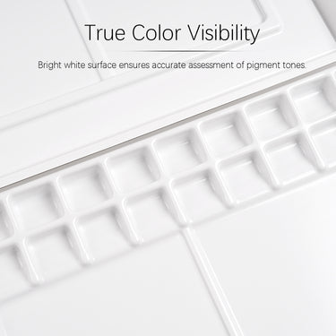 Palette d'aquarelle professionnelle Fuumuui avec des godets en plastique antiadhésif blanc brillant assurant une visibilité réelle des couleurs et une évaluation précise des pigments.