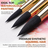 Fuumuui soft synthetic squirrel hair watercolor brush set, featuring premium black bristles and gold ferrules, ideal for watercolor, ink, and fluid acrylic painting with excellent water retention.