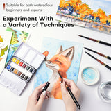 Fuumuui Travel Watercolor Set with 12 vibrant watercolors, travel brush, and palette, used by an artist painting a fox; perfect for beginners and experts.