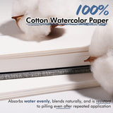 Fuumuui 100% Cotton Cold-Press Watercolor Paper, ideal for art supplies, with visible cotton bolls emphasizing its even absorption, natural blending, and resistance to pilling.