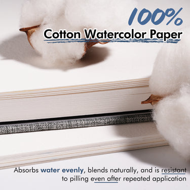 Fuumuui 100% Cotton Cold-Press Watercolor Paper, ideal for art supplies, with visible cotton bolls emphasizing its even absorption, natural blending, and resistance to pilling.