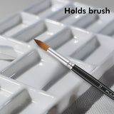 Palette de peinture en céramique pour artiste Fuumuui montrant un pinceau reposant dans son porte-pinceau intégré, idéal pour le mélange d'aquarelle et d'acrylique.