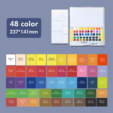 Set di colori ad acquerello Fuumuui da 48 colori, aperto e che mostra tutte le 48 vivaci cialde di acquerello, con una tabella colori completa sottostante che elenca il nome e il campione di ogni vernice, dimensioni 237x141 mm. Perfetto per artisti e forniture artistiche.