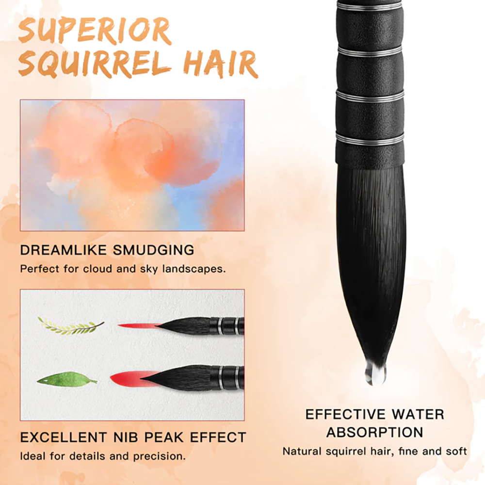 Fuumuui 6pcs Professional Squirrel Hair Mop Watercolor Brushes