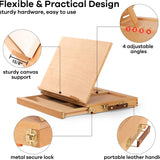 Fuumuui Table Sketch Box Easel with Storage Drawer and Palette, showcasing its portable wooden design, 4 adjustable angles, sturdy canvas support, metal secure lock, and comfortable leather handle.
