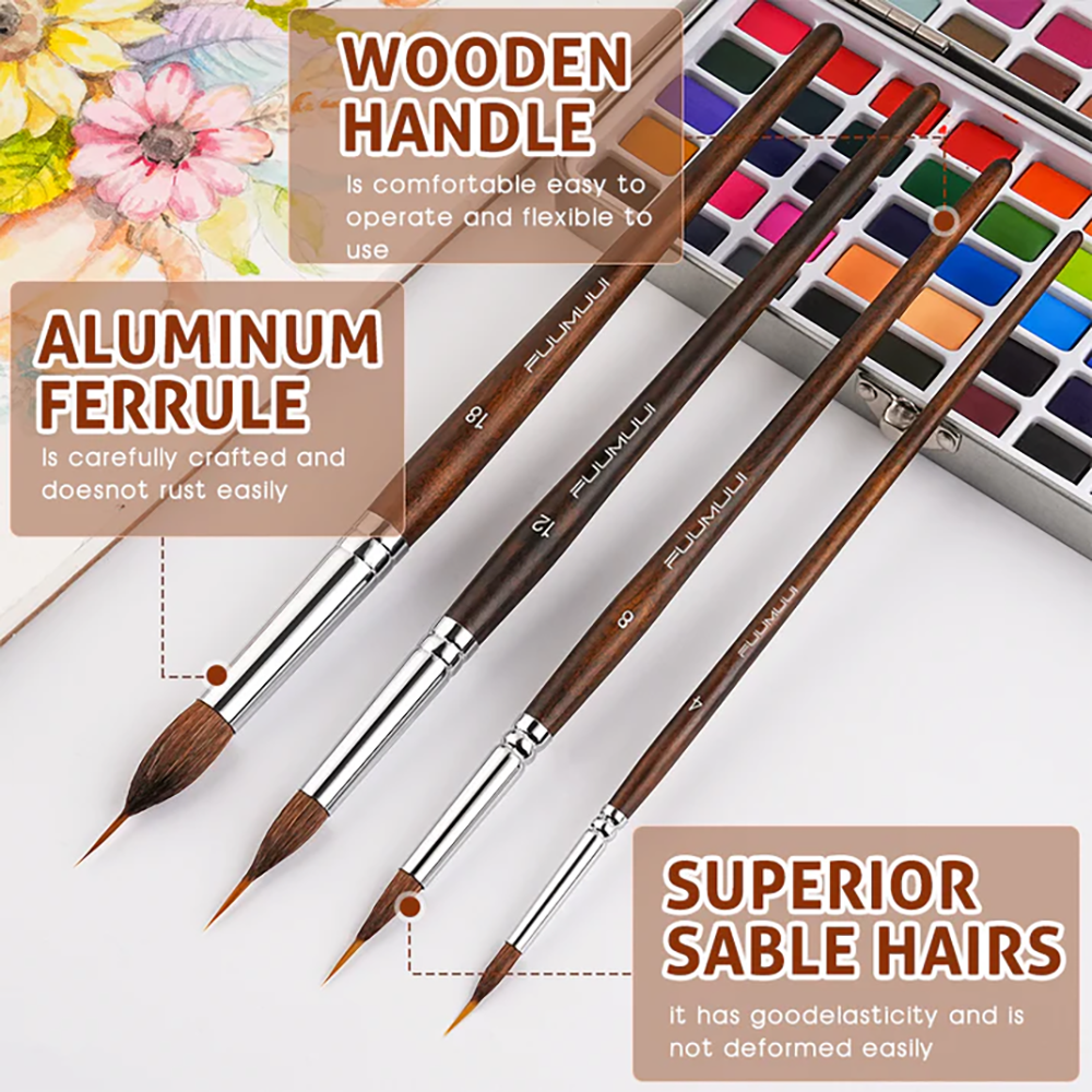 Fuumuui 4pcs Professional Sable Watercolor Brushes