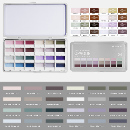 Fuumuui 24-Color Opaque Semi-Moist Watercolor Set – Gray Tones with Strong Coverage and Smooth Blending