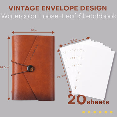 Vintage envelope design brown leather watercolor loose-leaf sketchbook by Fuumuui, featuring 20 sheets of cold press watercolor paper measuring 12.5x8.2cm, ideal for professional artists and travel sketching.