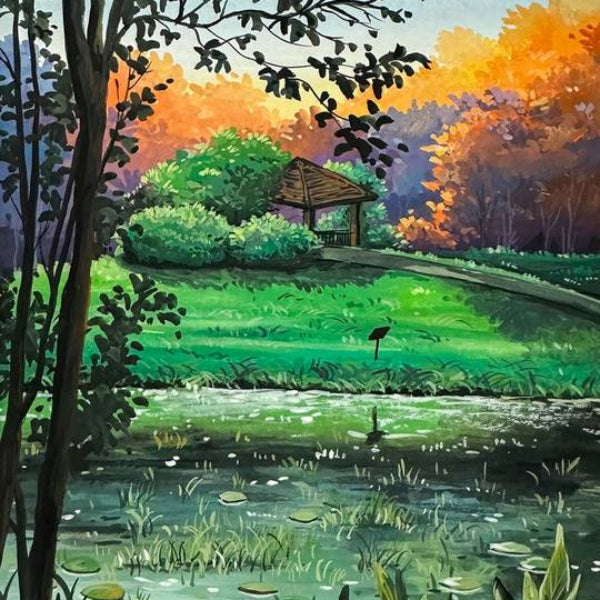 Vibrant landscape painting created with gouache and acrylic paint featuring a park gazebo, autumn trees, and a pond. Ideal for professional artists and beginners using detail brushes and high-pigment paints.