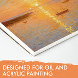 Fuumuui Acrylic and Oil Painting Pads A4 featuring an oil painting of boats at sunset on the top sheet, explicitly designed for oil and acrylic.